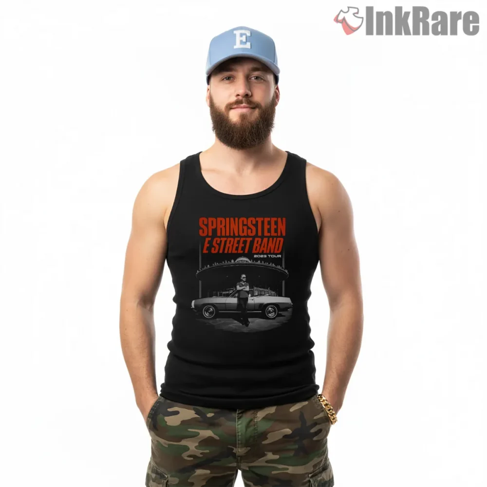 Bruce Springsteen E Street Band Tour Vintage Car Stage Shirt on black tank top for men graphic tee