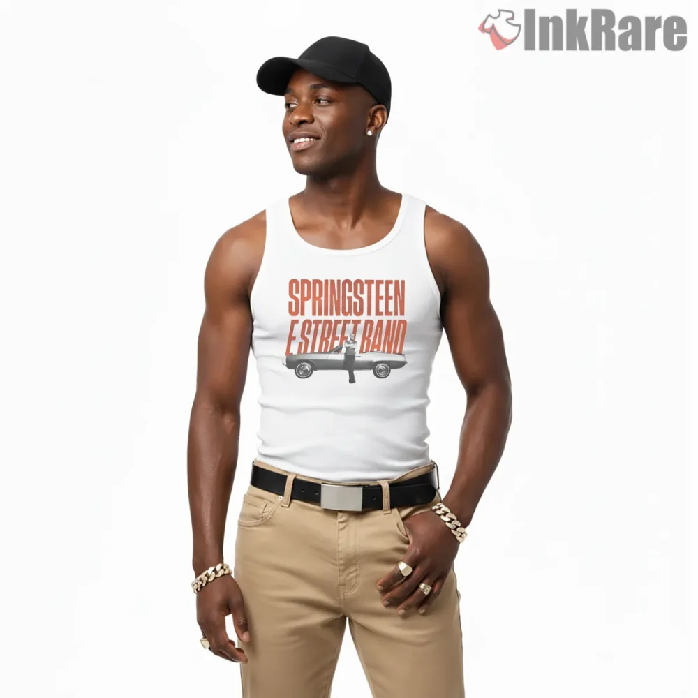 Bruce Springsteen E Street Band Vintage Car Tour Shirt on white tank top for men graphic tee