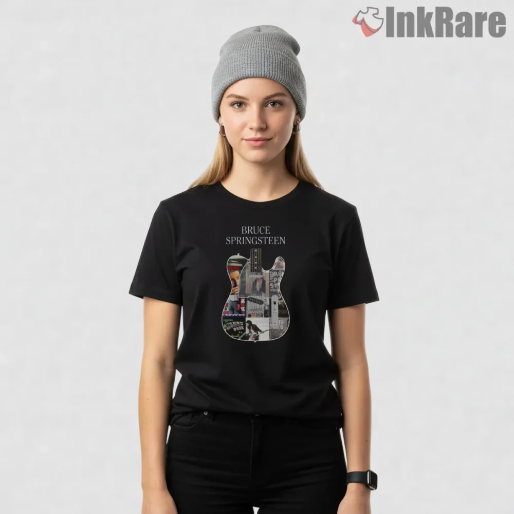 Bruce Springsteen Guitar Album Collage Art Shirt on black short sleeve shirt for women graphic tee