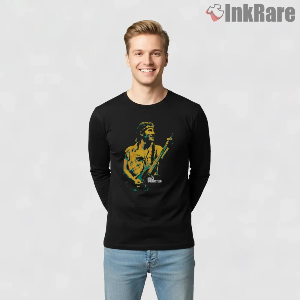 Bruce Springsteen High Contrast Vintage Guitar Performance Shirt on black long sleeve shirt for men graphic tee