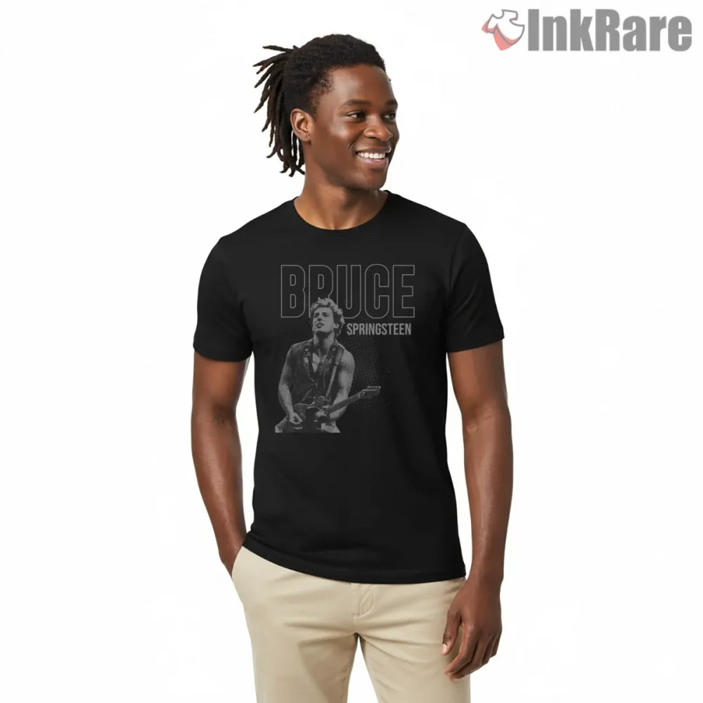 Bruce Springsteen Minimal Dot Illustration Performance Shirt on black short sleeve shirt for men graphic tee