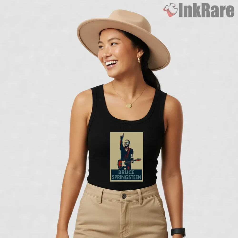 Bruce Springsteen Minimal Poster Style Stage Icon Shirt on black tank top for women graphic tee