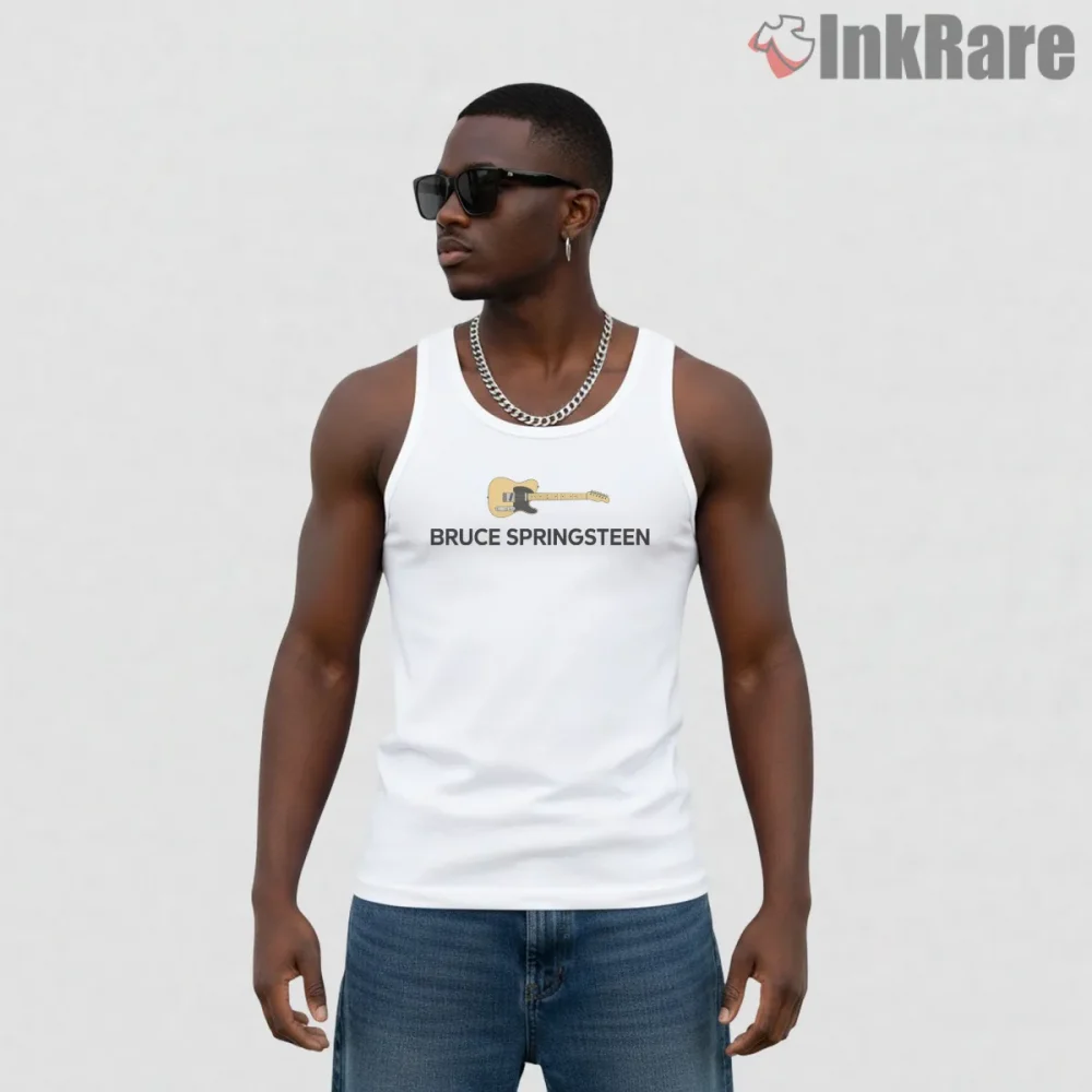Bruce Springsteen Minimal Text And Guitar Icon Shirt on white tank top for men graphic tee