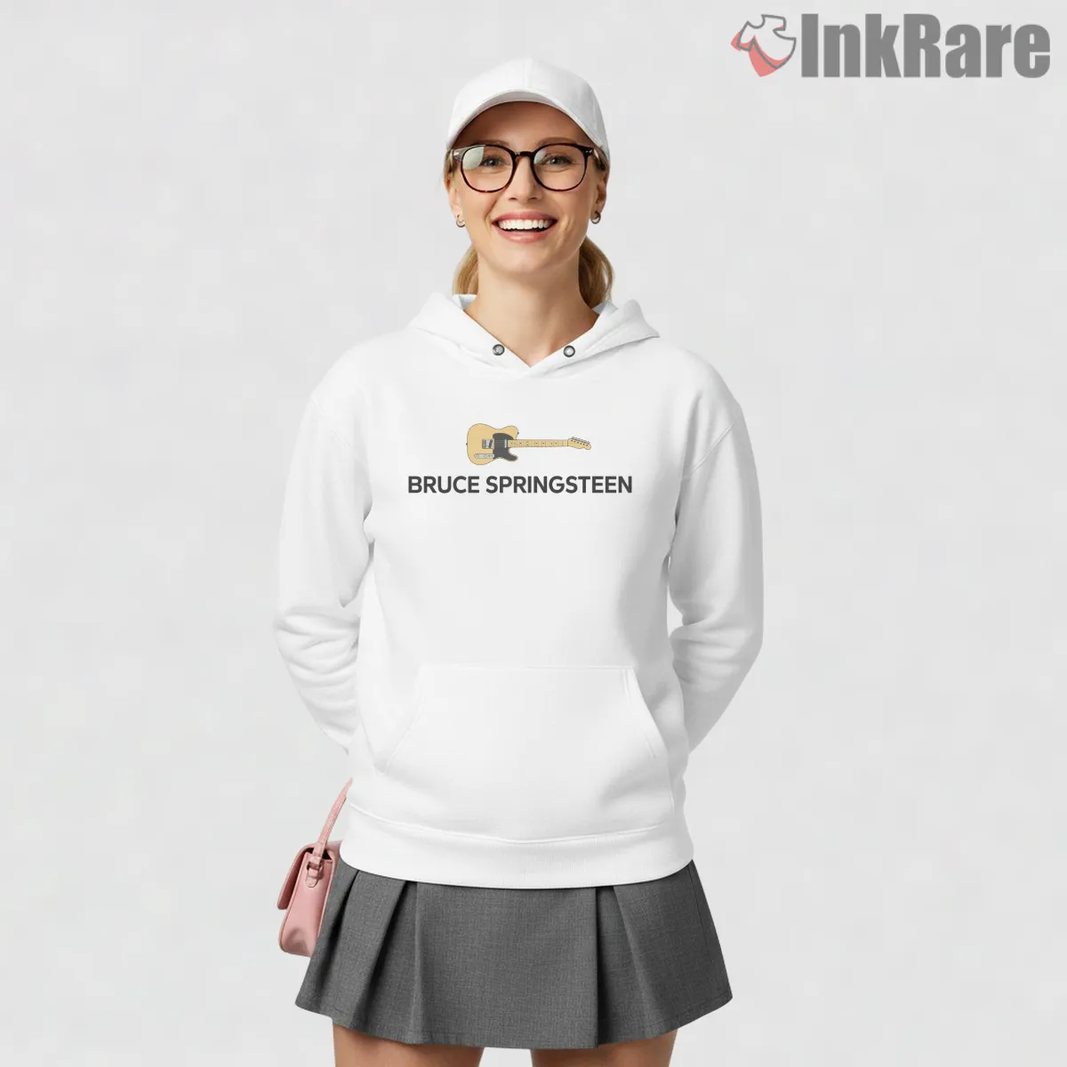 Bruce Springsteen Minimal Text And Guitar Icon Hoodie White Bruce Springsteen Minimal Text And Guitar Icon Shirt on white hoodie for women graphic tee