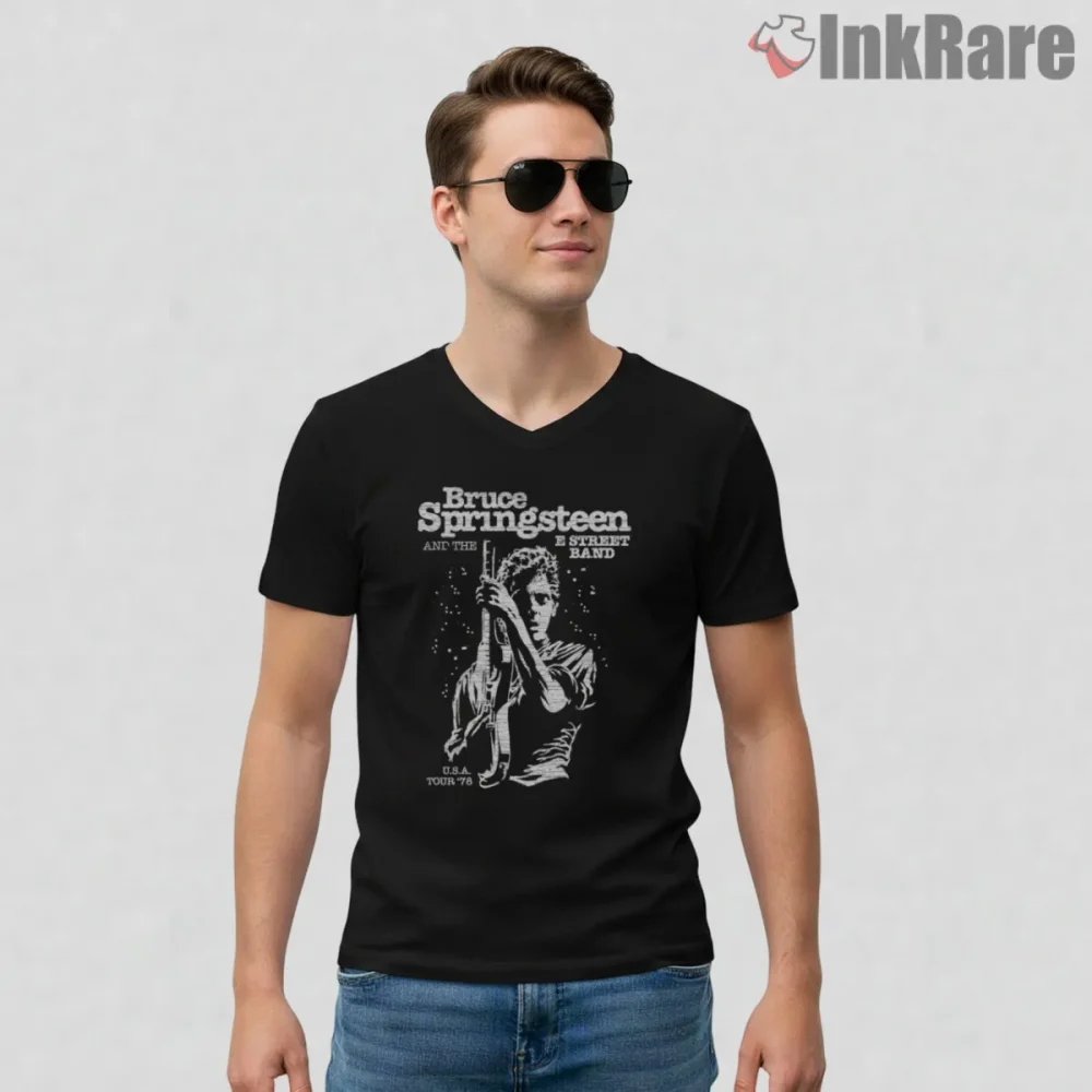 Bruce Springsteen Monochrome Guitar Player Spotlight Shirt on black v-neck shirt for men graphic tee