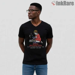 Bruce Springsteen Music Escape Cartoon Dj Art Shirt on black v-neck shirt for men graphic tee