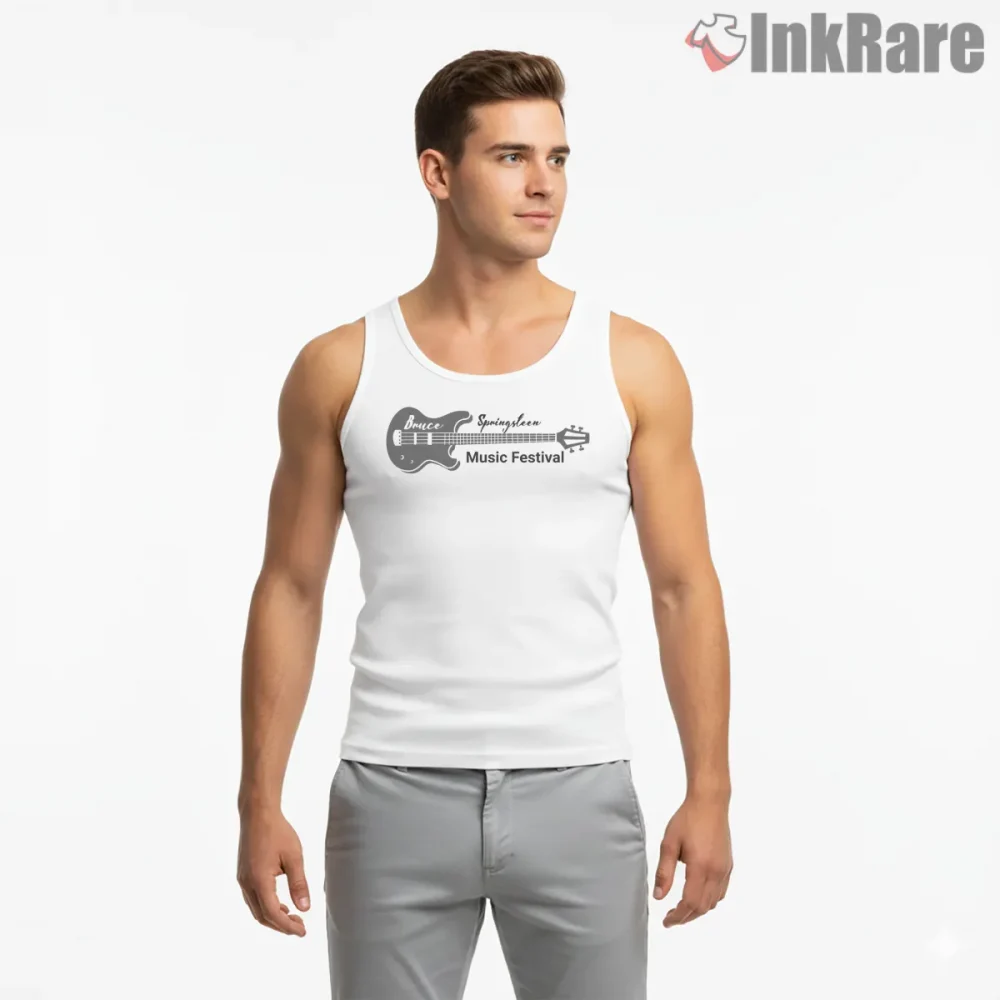 Bruce Springsteen Music Festival Guitar Line Art Shirt on white tank top for men graphic tee