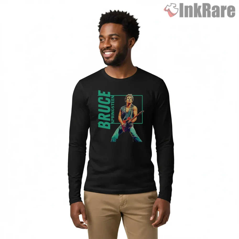 Bruce Springsteen Neon Frame Live Guitar Performance Shirt on black long sleeve shirt for men graphic tee