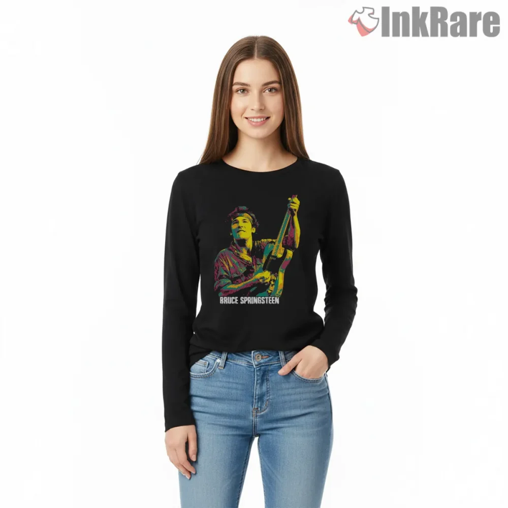Bruce Springsteen Neon Performance Guitar Color Splash Shirt on black long sleeve shirt for women graphic tee