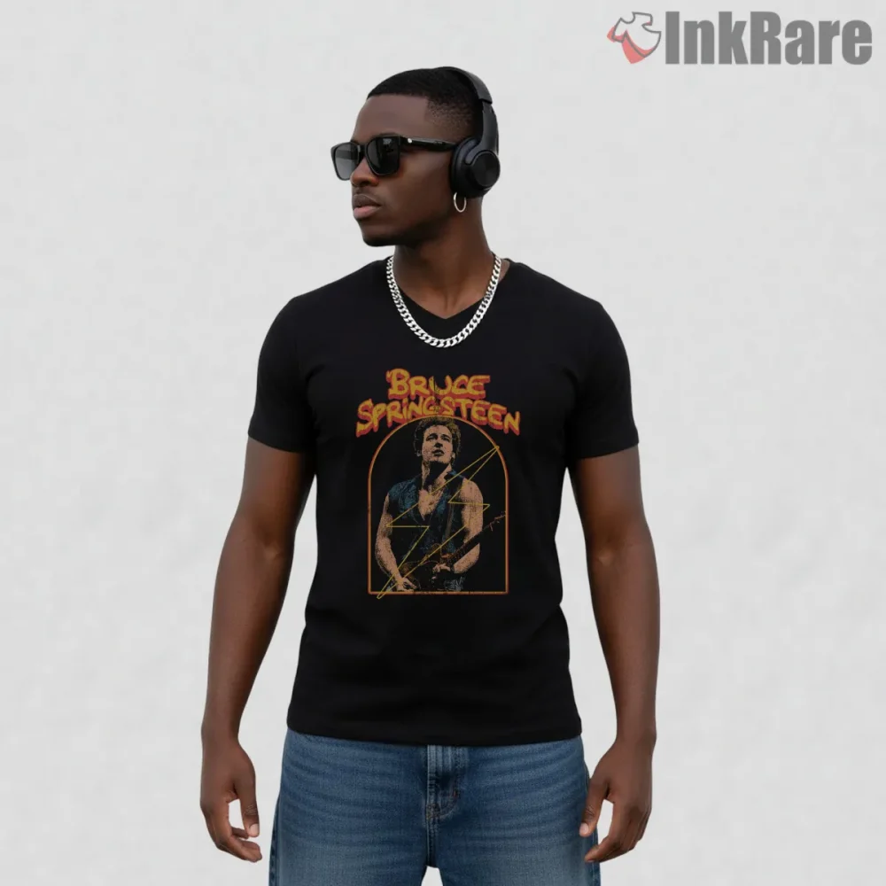 Bruce Springsteen Neon Vintage Poster Frame Guitar Shirt on black v-neck shirt for men graphic tee