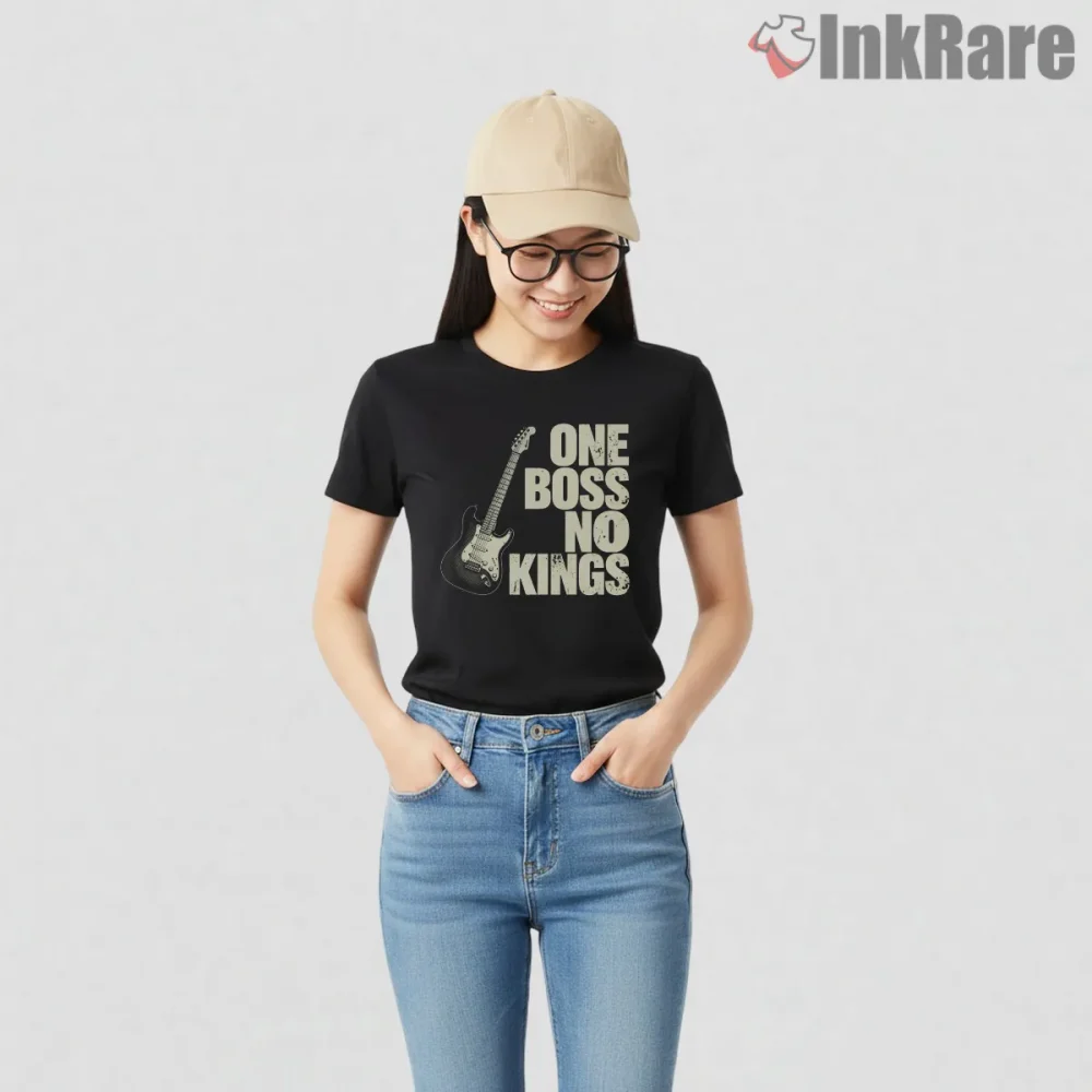 Bruce Springsteen One Boss No Kings Guitar Statement Shirt on black short sleeve shirt for women graphic tee