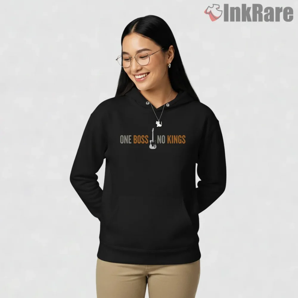 Bruce Springsteen One Boss No Kings Minimal Rock Statement Shirt on black hoodie for women graphic tee