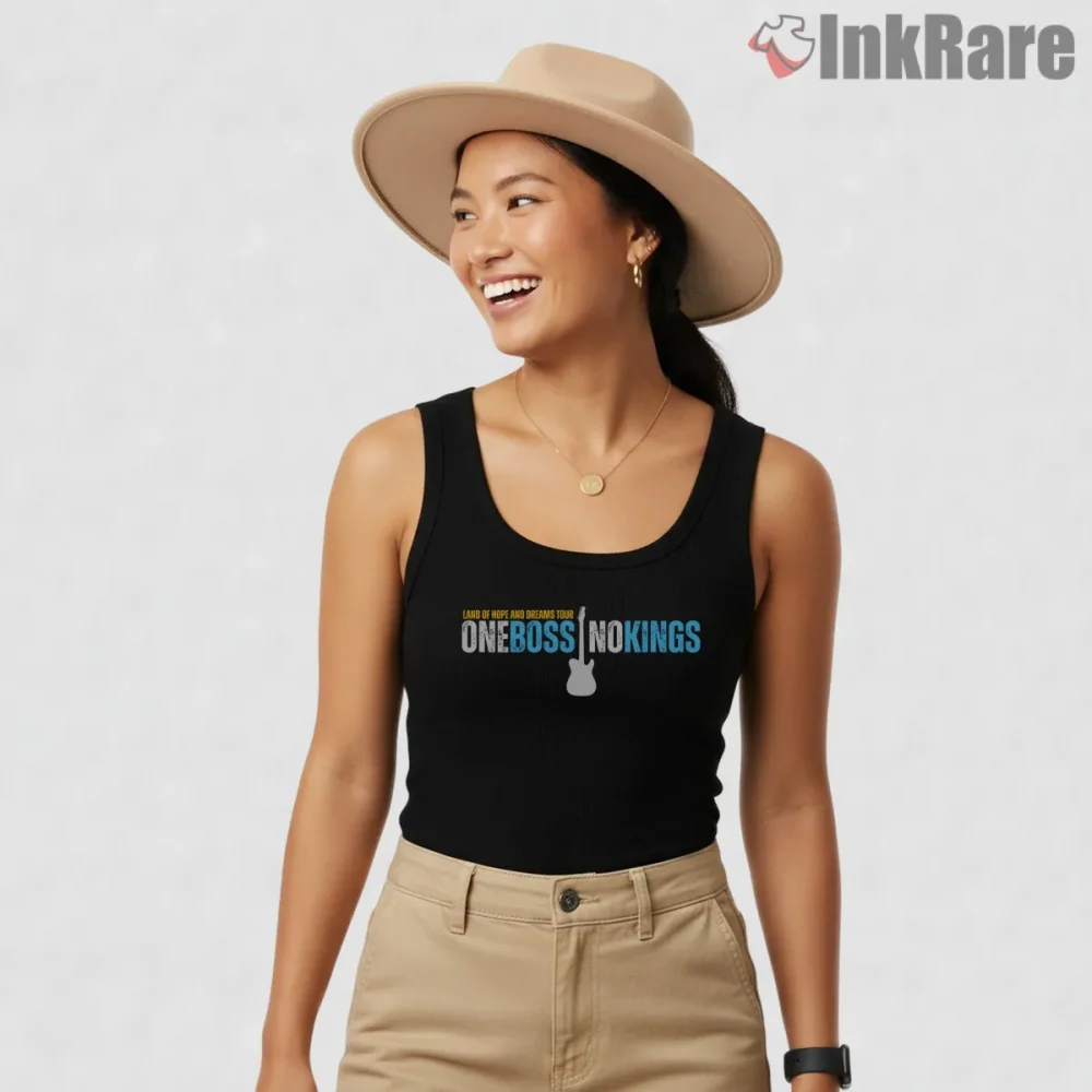 Bruce Springsteen One Boss No Kings Tour Minimal Guitar Shirt on black tank top for women graphic tee