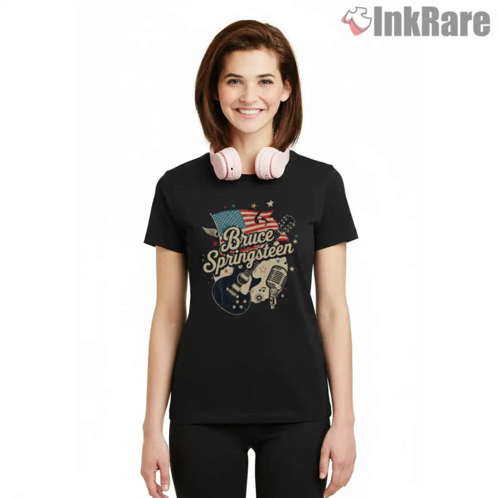 Bruce Springsteen Retro Badge Microphone Guitar Shirt on black short sleeve shirt for women graphic tee