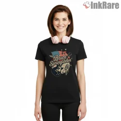 Bruce Springsteen Retro Badge Microphone Guitar Shirt on black short sleeve shirt for women graphic tee