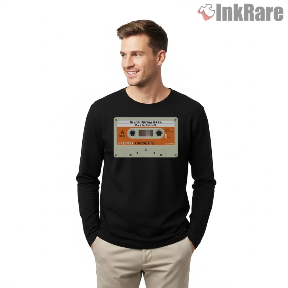 Bruce Springsteen Retro Cassette Tape Music Graphic Shirt on black long sleeve shirt for men graphic tee