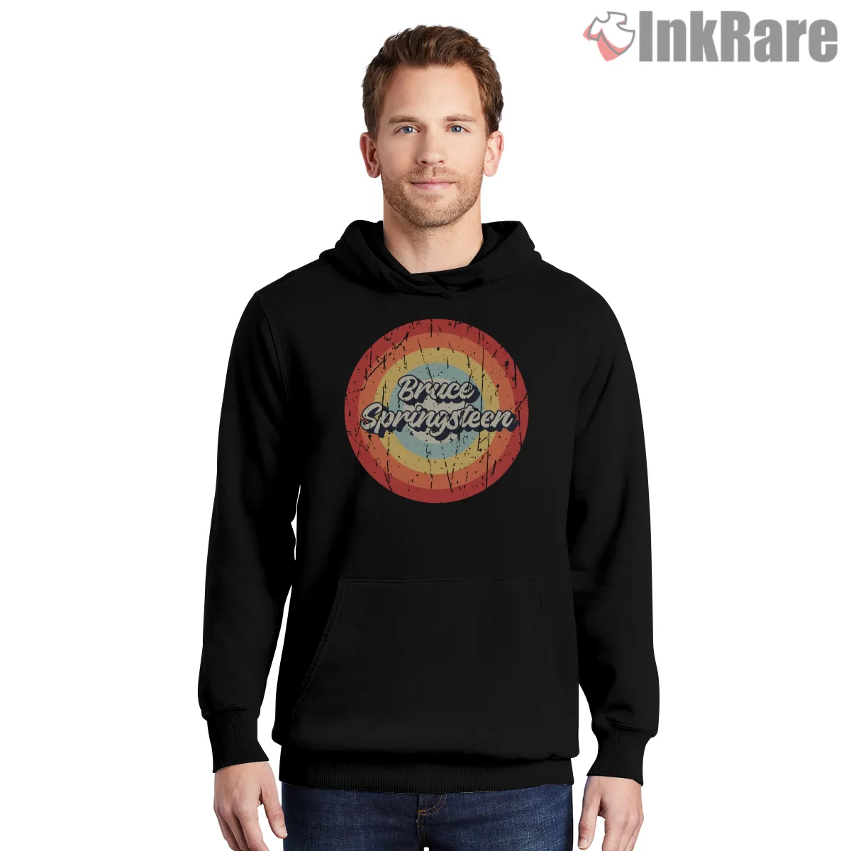 Bruce Springsteen Retro Circle Logo Vintage Color Shirt on black hoodie for men graphic tee