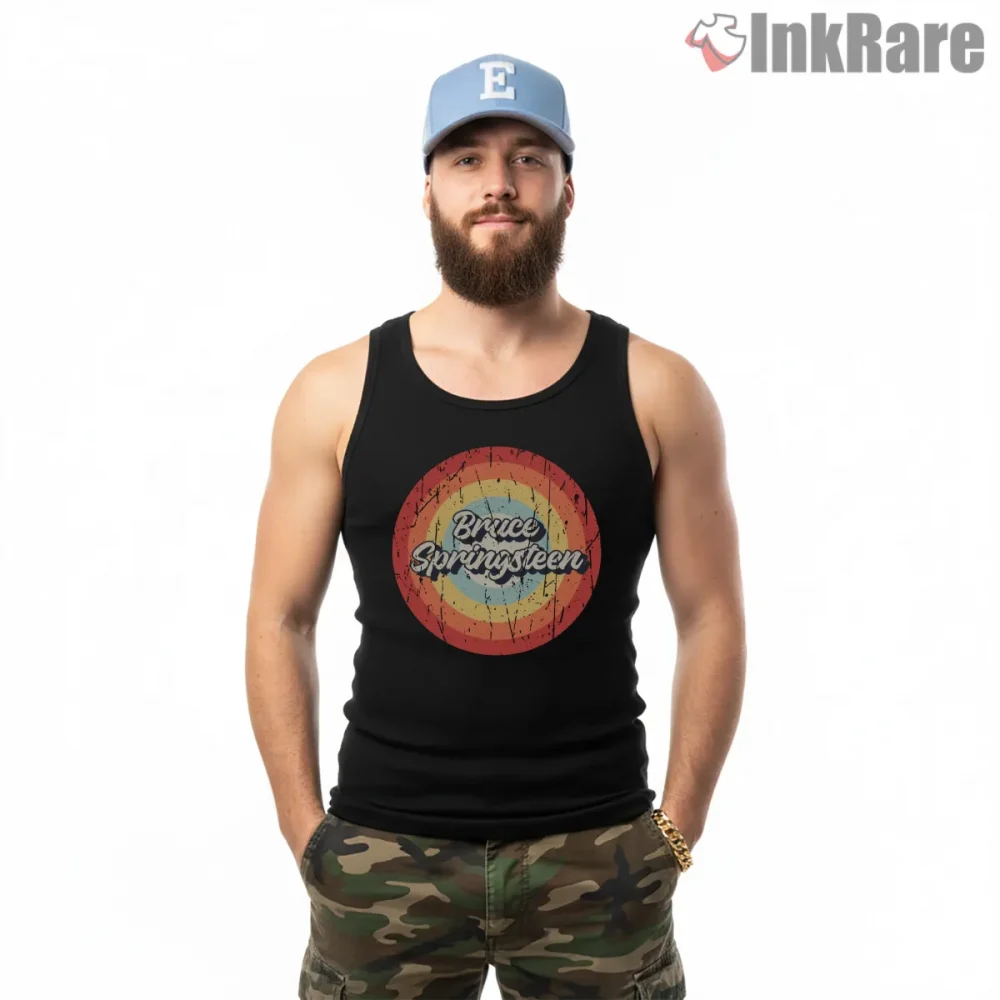 Bruce Springsteen Retro Circle Logo Vintage Color Shirt on black tank top for men graphic tee