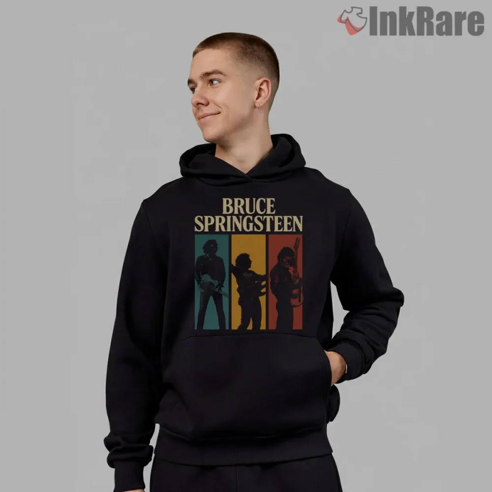 Bruce Springsteen Retro Color Block Silhouette Band Shirt on black hoodie for men graphic tee