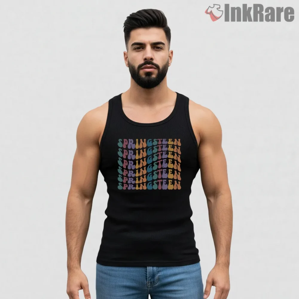 Bruce Springsteen Retro Repeating Typography 80s Pattern Shirt on black tank top for men graphic tee