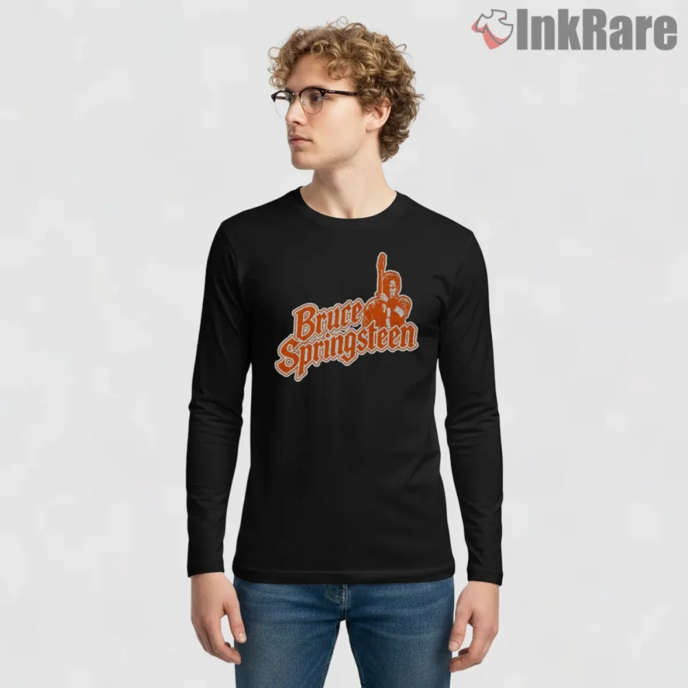 Bruce Springsteen Retro Script Logo Rock Shirt on black long sleeve shirt for men graphic tee