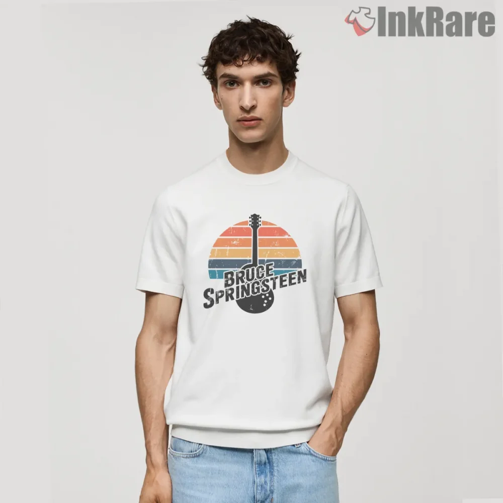 Bruce Springsteen Retro Sunset Guitar Silhouette Shirt on white short sleeve shirt for men graphic tee