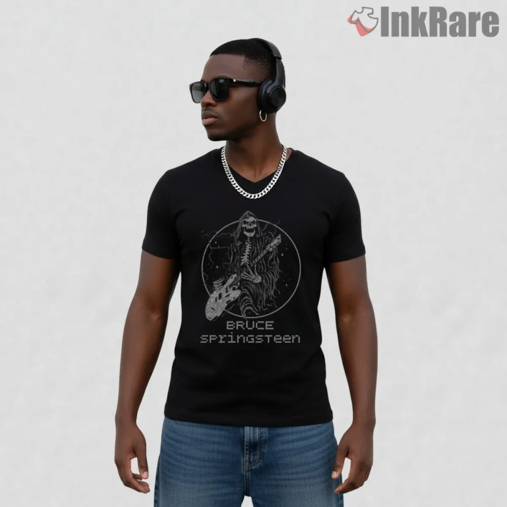 Bruce Springsteen Skeleton Guitar Vintage Dark Art Shirt on black v-neck shirt for men graphic tee