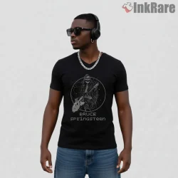 Bruce Springsteen Skeleton Guitar Vintage Dark Art Shirt on black v-neck shirt for men graphic tee
