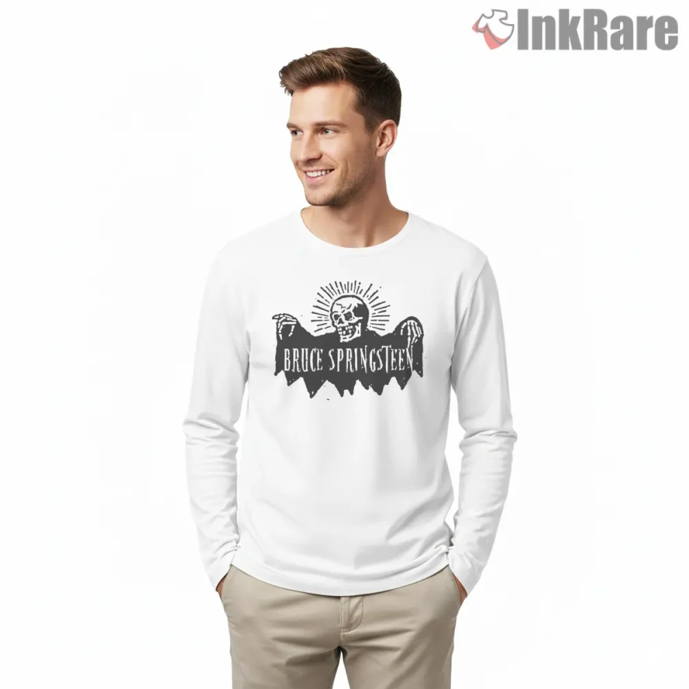 Bruce Springsteen Skull Wings Dark Rock Graphic Shirt on white long sleeve shirt for men graphic tee