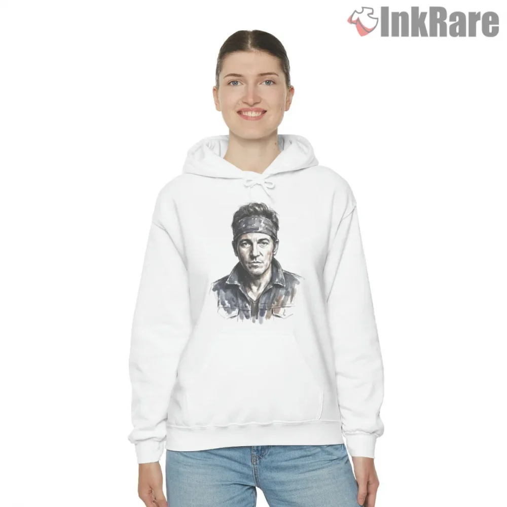 Bruce Springsteen Soft Watercolor Portrait Art Shirt on white hoodie for women graphic tee