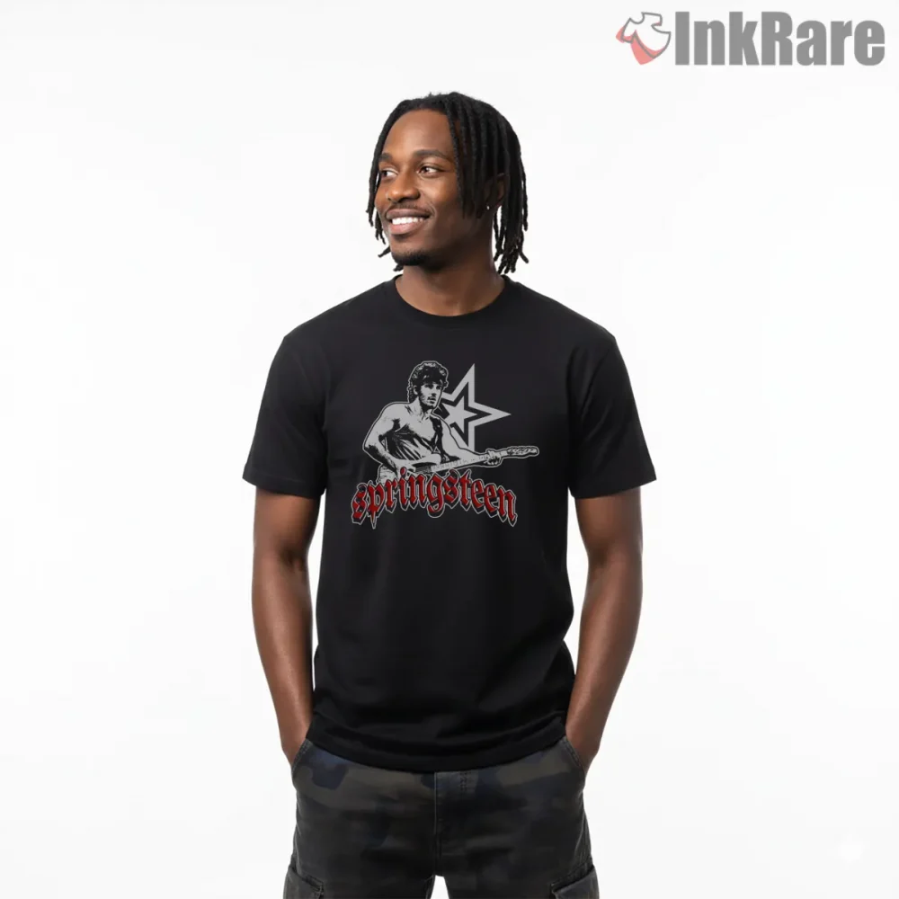 Bruce Springsteen Star Outline Guitar Rock Silhouette Shirt on black short sleeve shirt for men graphic tee