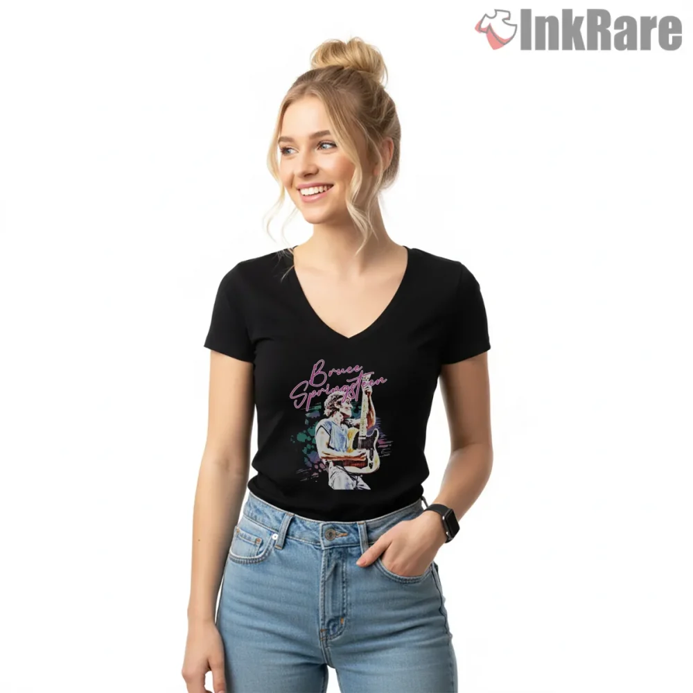 Bruce Springsteen The Boss Is Born Neon Script Guitar Shirt on black v-neck shirt for women graphic tee