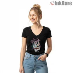 Bruce Springsteen The Boss Is Born Neon Script Guitar Shirt on black v-neck shirt for women graphic tee