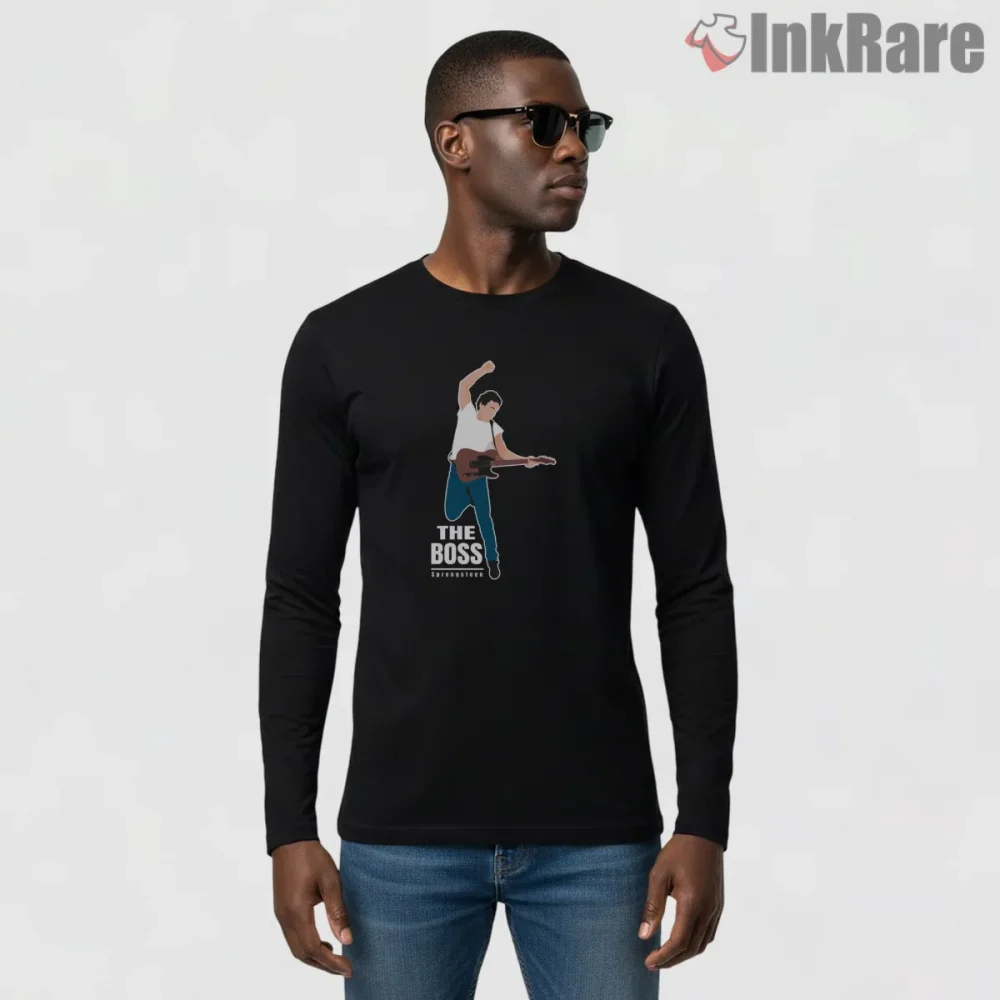 Bruce Springsteen The Boss Minimal Cartoon Guitar Shirt on black long sleeve shirt for men graphic tee