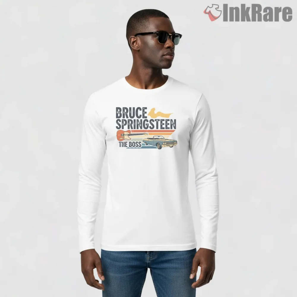 Bruce Springsteen The Boss Vintage Car Guitar Shirt on white long sleeve shirt for men graphic tee