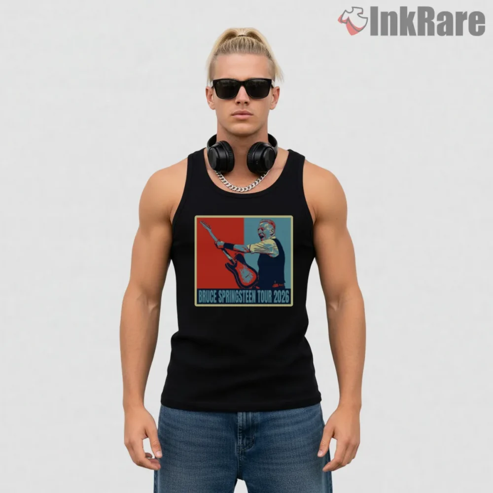 Bruce Springsteen Tour 2026 Bold Pop Art Guitar Shirt on black tank top for men graphic tee