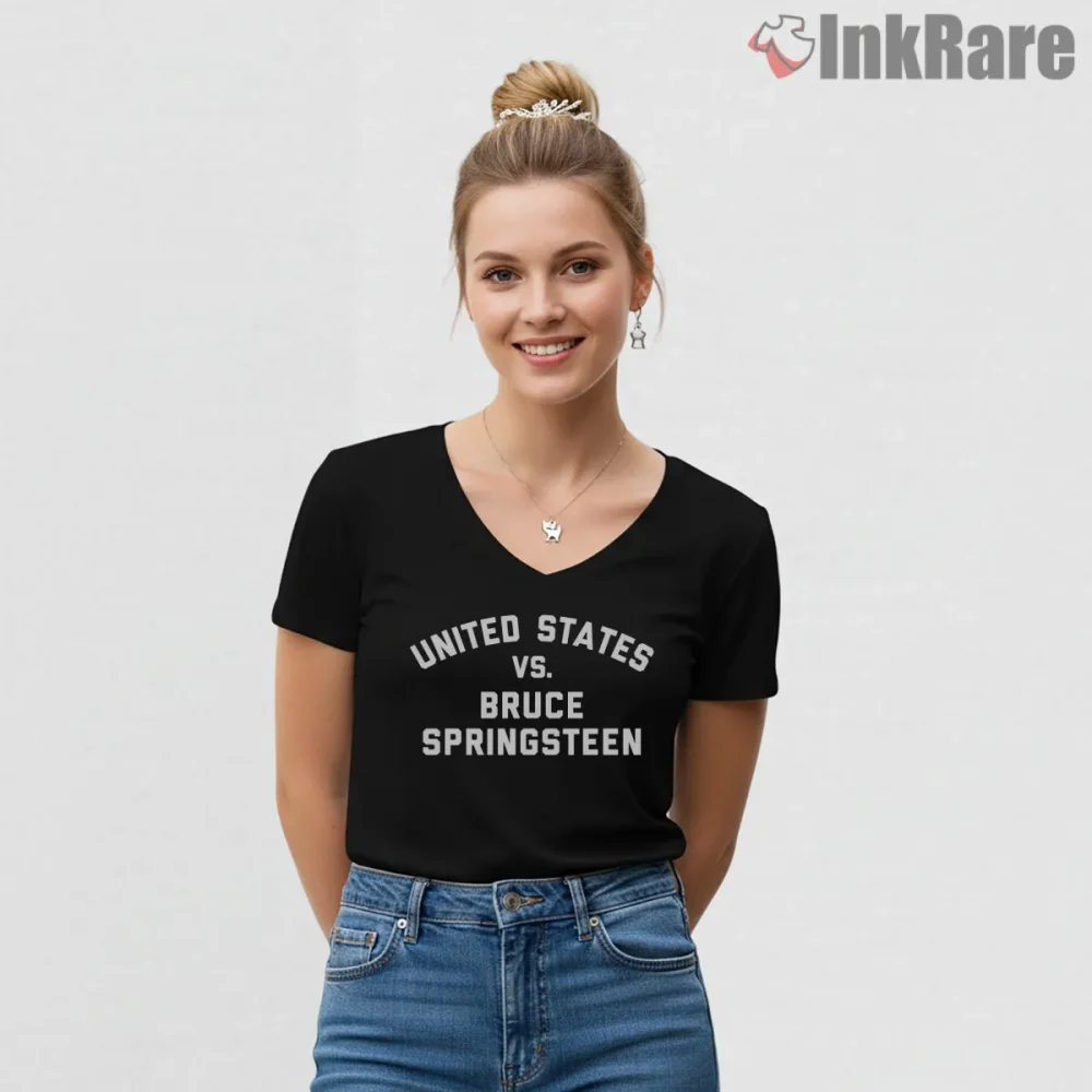 Bruce Springsteen United States Versus Bold Text Statement Shirt on black v-neck shirt for women graphic tee