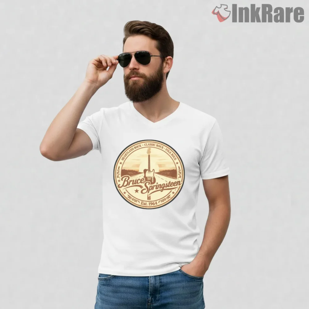 Bruce Springsteen Vintage Badge Guitar Emblem Shirt on white v-neck shirt for men graphic tee