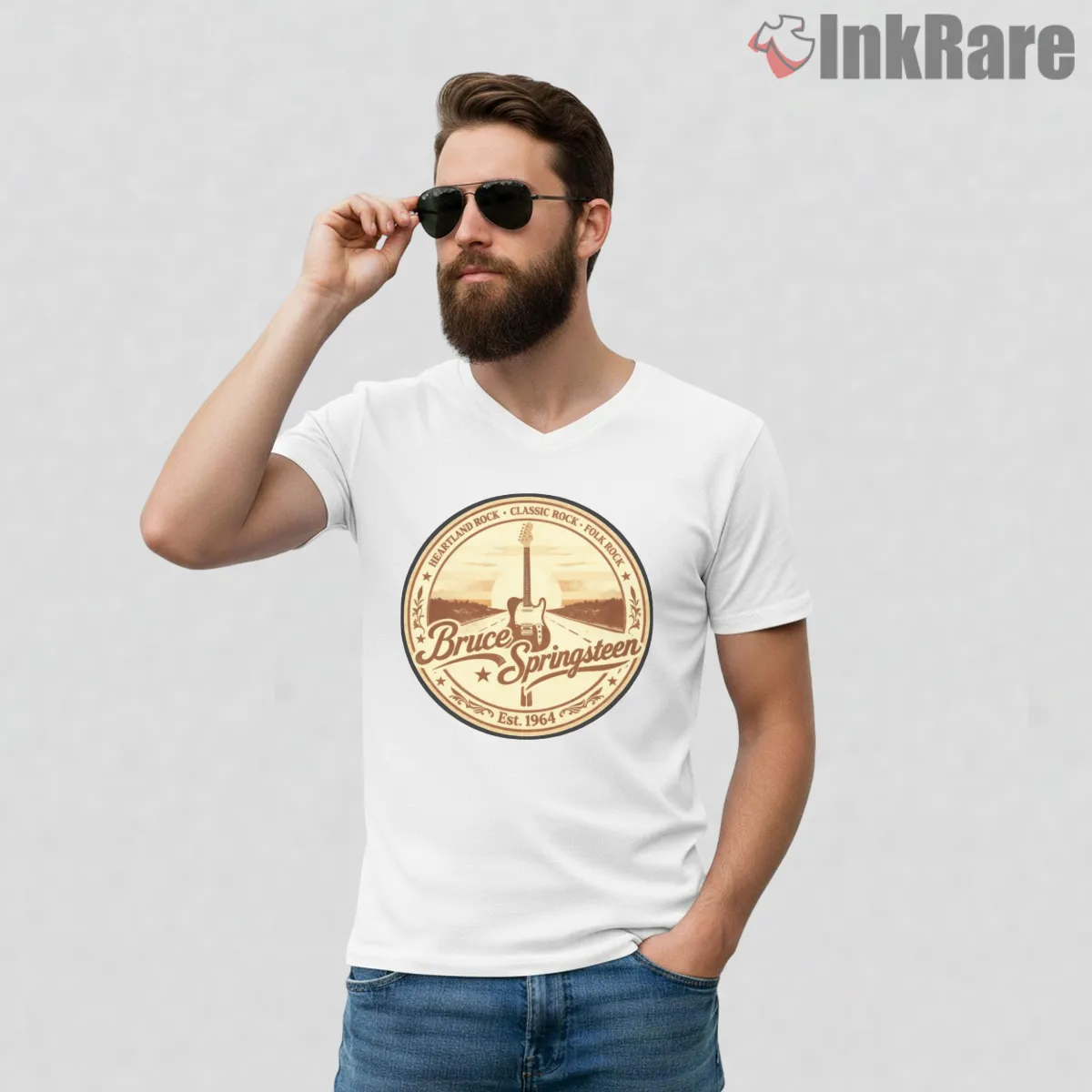 Bruce Springsteen Vintage Badge Guitar Emblem V Neck White Bruce Springsteen Vintage Badge Guitar Emblem Shirt on white v-neck shirt for men graphic tee