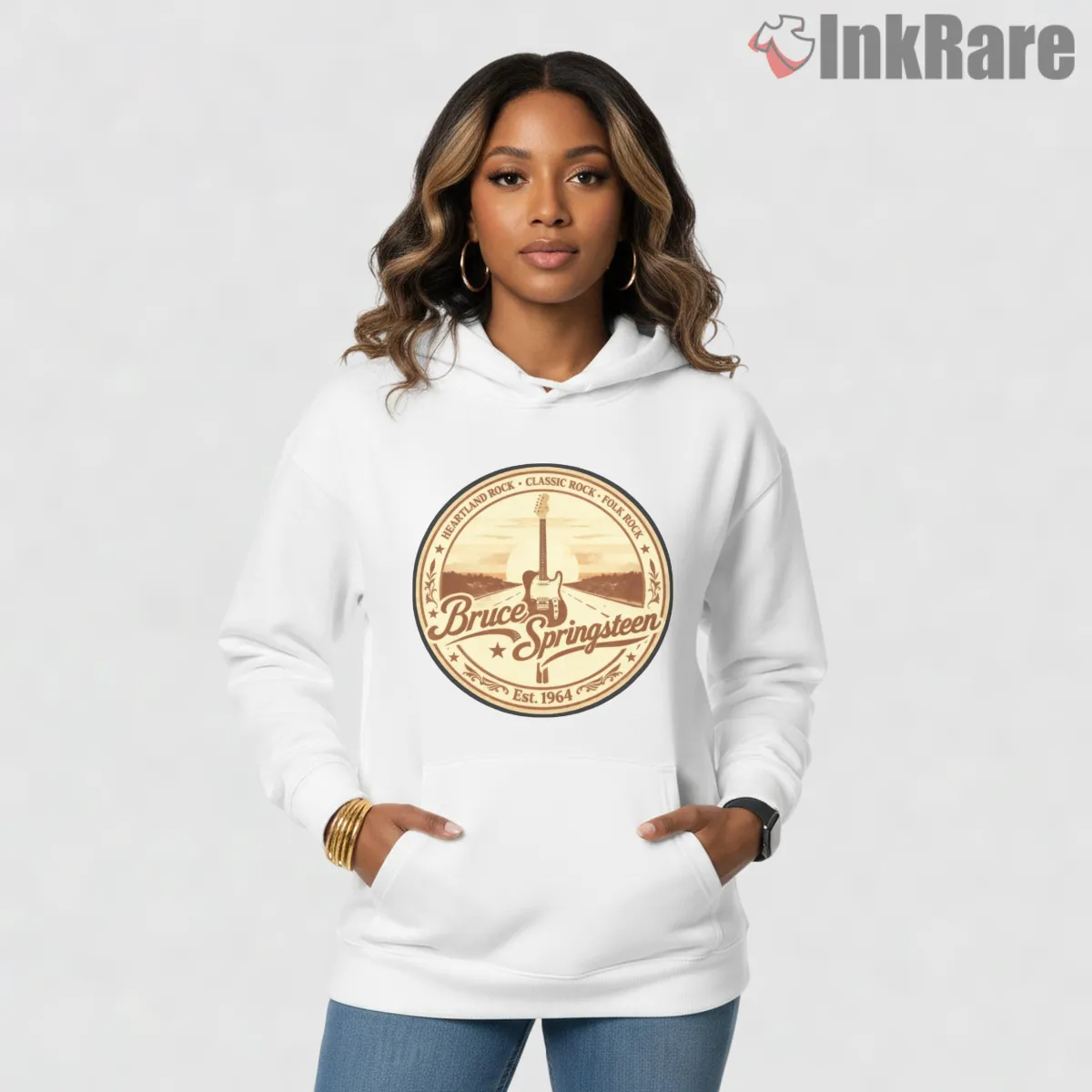 Bruce Springsteen Vintage Badge Guitar Emblem Hoodie White Bruce Springsteen Vintage Badge Guitar Emblem Shirt on white hoodie for women graphic tee