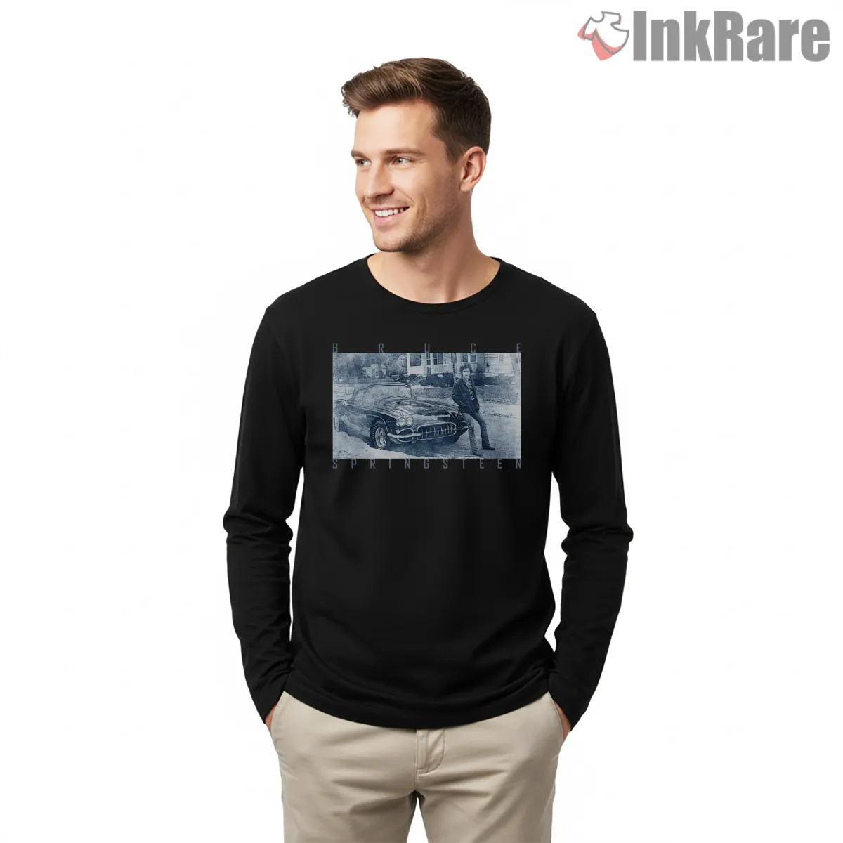Bruce Springsteen Vintage Car Street Scene Americana Shirt on black long sleeve shirt for men graphic tee
