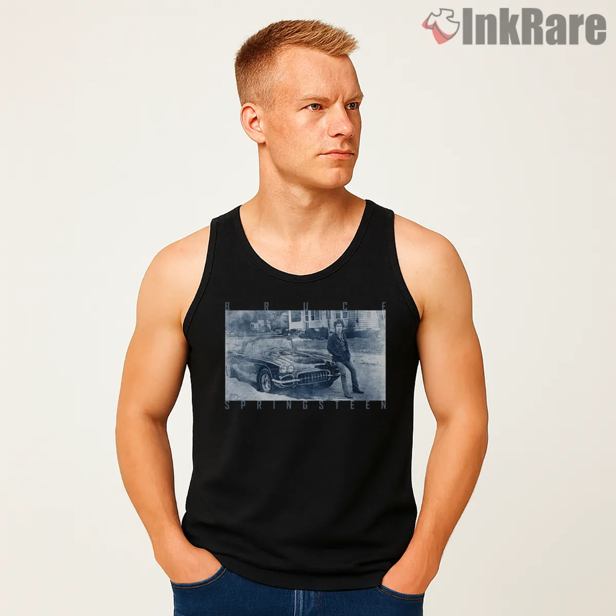 Bruce Springsteen Vintage Car Street Scene Americana Tank Top Black Bruce Springsteen Vintage Car Street Scene Americana Shirt on black tank top for men graphic tee