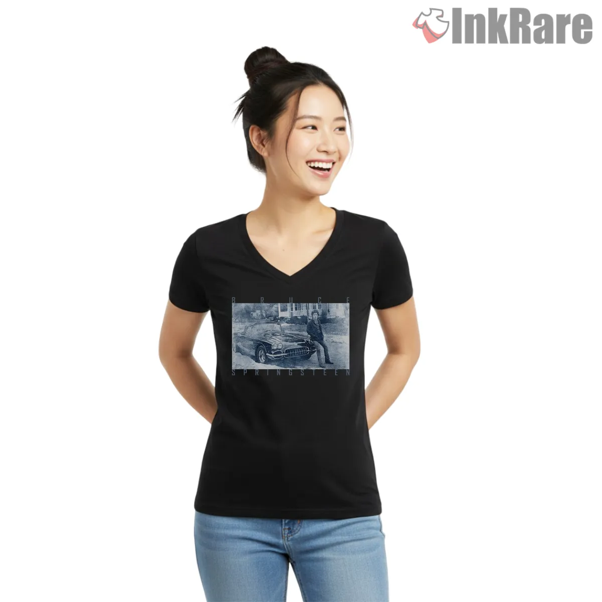 Bruce Springsteen Vintage Car Street Scene Americana V Neck Black Bruce Springsteen Vintage Car Street Scene Americana Shirt on black v-neck shirt for women graphic tee