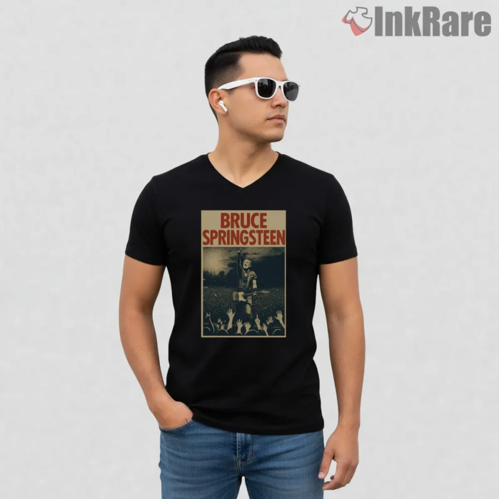 Bruce Springsteen Vintage Poster Crowd Concert Shirt on black v-neck shirt for men graphic tee
