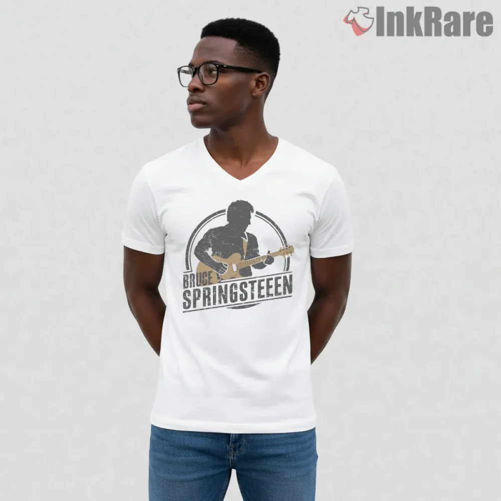 Bruce Springsteen Vintage Stamp Style Guitar Silhouette Shirt on white v-neck shirt for men graphic tee