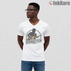 Bruce Springsteen Vintage Stamp Style Guitar Silhouette Shirt on white v-neck shirt for men graphic tee