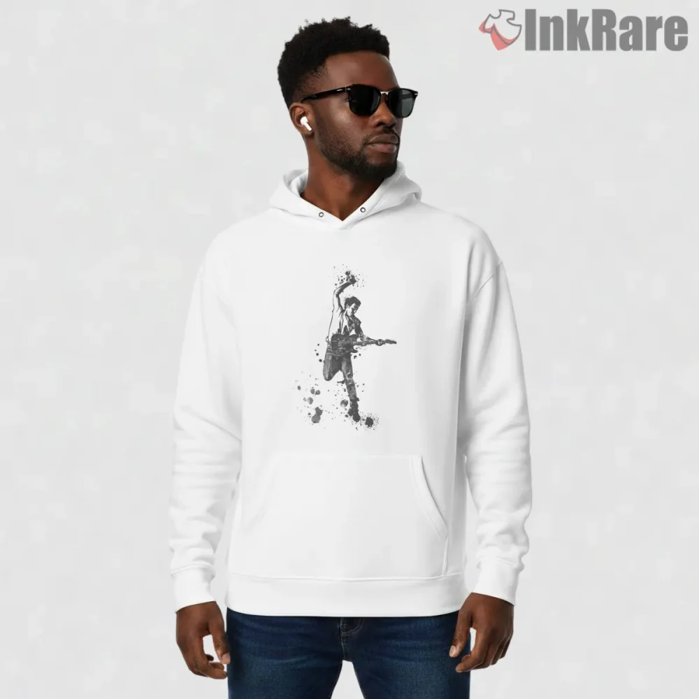 Bruce Springsteen Watercolor Splatter Guitar Silhouette Shirt on white hoodie for men graphic tee