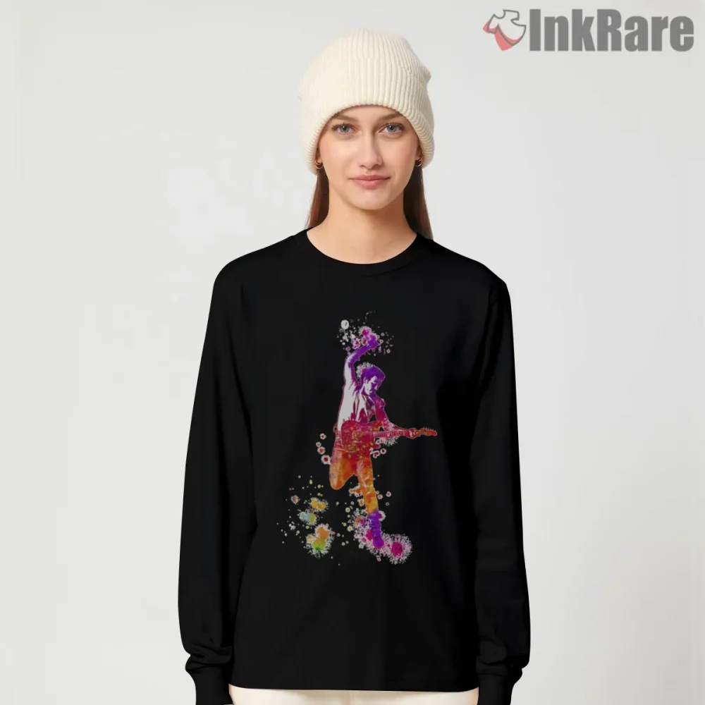 Bruce Springsteen Watercolor Splatter Performance Art Shirt on black long sleeve shirt for women graphic tee