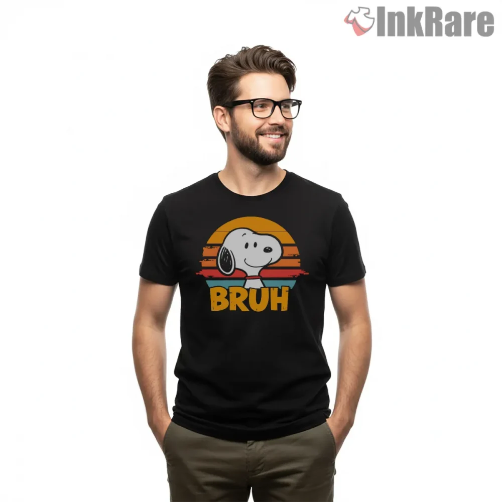 Bruh Snoopy Retro Sunset Graphic Shirt on black short sleeve shirt for men graphic tee