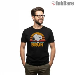 Bruh Snoopy Retro Sunset Graphic Shirt on black short sleeve shirt for men graphic tee